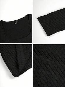 Almamuse 女士休闲纯色针织U领长袖T恤，春秋季女式罗纹露脐上衣，黑色露脐上衣，女式罗纹上衣，方领上衣，长袖露脐上衣 - 黑色 - 查看 6