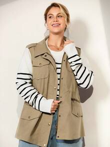 Momelise Plus Size Women's Solid Color Turndown Collar Single-Breasted Zipper, Practical Pocket Drawstring Waist Sleeveless Casual Jacket Winter Fall Autumn - Khaki - View 5