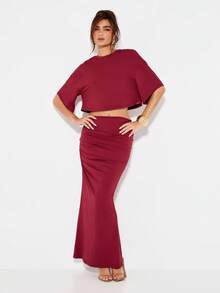 KIZN Two Piece Crop Top Maxi Skirt Co-Ord Holiday Evening Party Occasion Long Formal Dinner Wedding Guest Outfit With Ruching Detail - Red - View 1