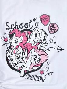 My Little Pony X SHEIN 青少年女孩字母和卡通图案圆领短袖T恤，夏季 - 白色 - 查看 4