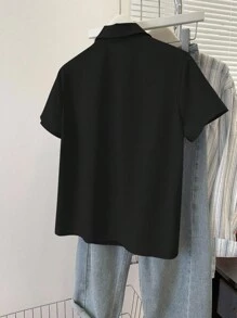 INAWLY Áo sơ mi nữ tay ngắn, cài nút đơn, dáng rộng, màu trơn, mùa hè - màu đen - Xem 2