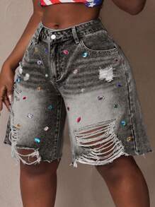 Slaydiva Plus Size Women Distressed Denim Shorts With Pockets And Rhinestone Decor - Dark Grey - View 1
