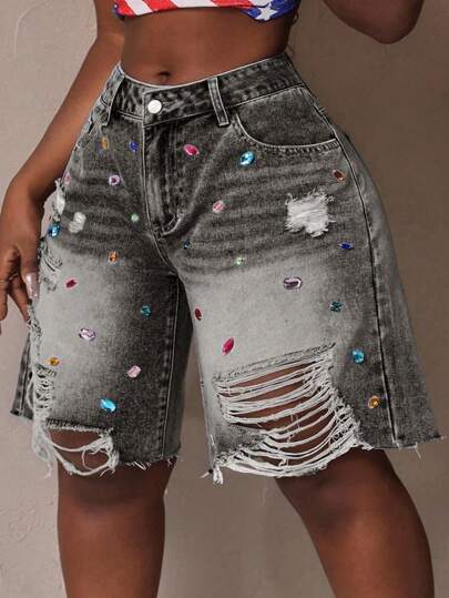 Slaydiva Plus Size Women Distressed Denim Shorts With Pockets And Rhinestone Decor