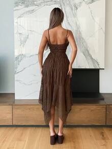 SHEIN ICON 针织女式蕾丝吊带连衣裙 - 咖啡 - 查看 2