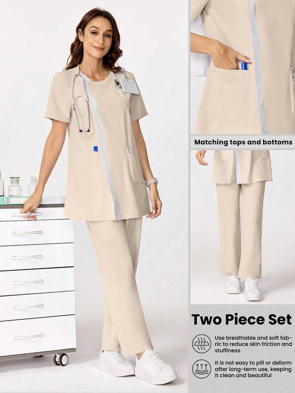 TaskEZ Lace Patchwork Casual Loose Multi-Pocket Top And High Waist Straight Leg Pants Scrub Uniform Set