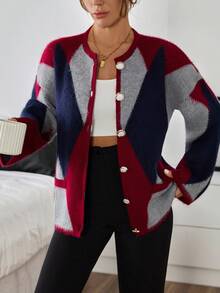 SHEIN Cottnline كارديجان بيان ريترو بوب ذو زاوية جريئة من الكشمير المنسوج بألوان متناقضة مع أزرار - متعدد الألوان - مشاهدة 1