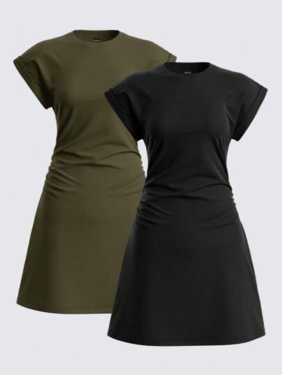 SHEIN BASICS Set de 2 vestidos mini de punto de cuello redondo de manga corta y unicolor casual para mujer