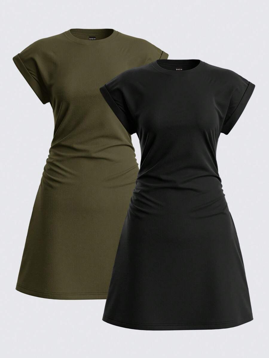 SHEIN BASICS 2件套休闲纯色针织圆领短袖迷你连衣裙（女士） - 軍綠色 - 查看 1