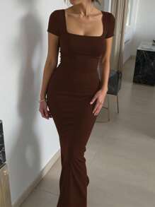 女式纯色方领修身优雅短袖连衣裙 - 咖啡棕 - 查看 2