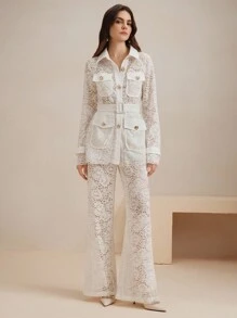 Anewsta Bộ quần áo blazer dài tay và váy ren khoét sâu thanh lịch dành cho nữ, Xuân/Hè - trắng - Xem 6