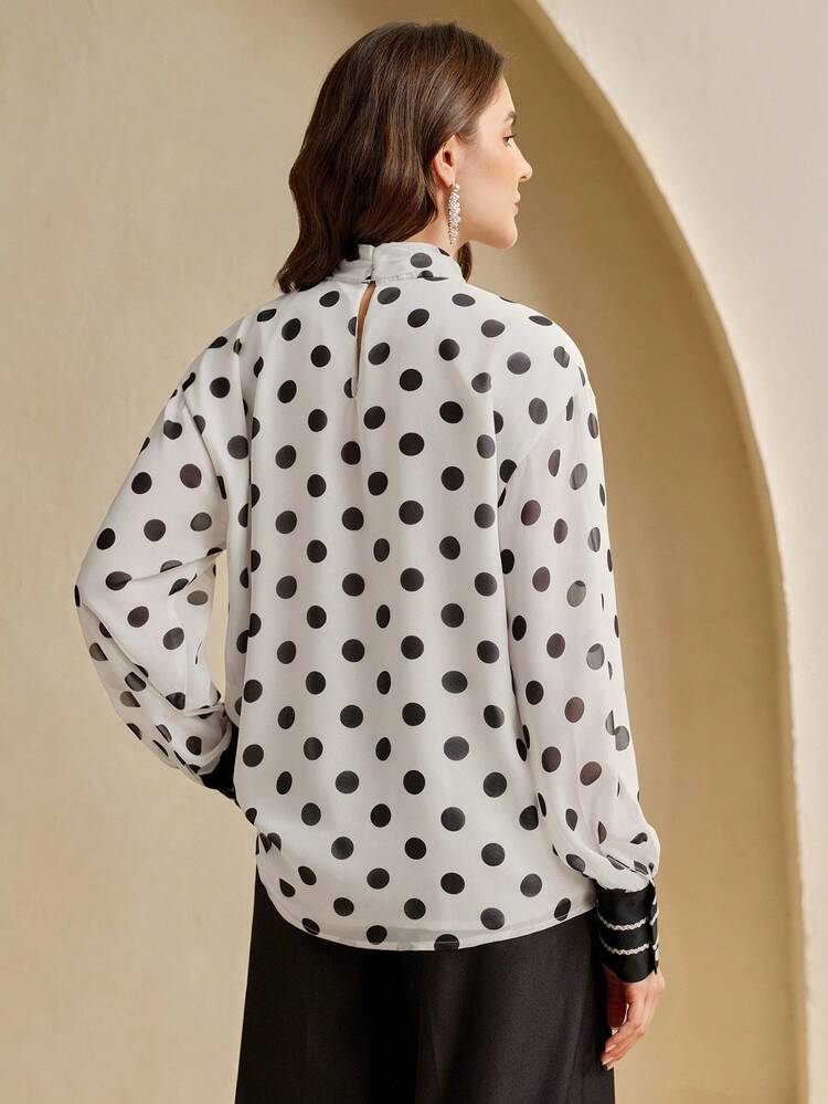 Romantic Polka Dot Stand Collar Long Sleeve Blouse With Tie For Women, New Autumn