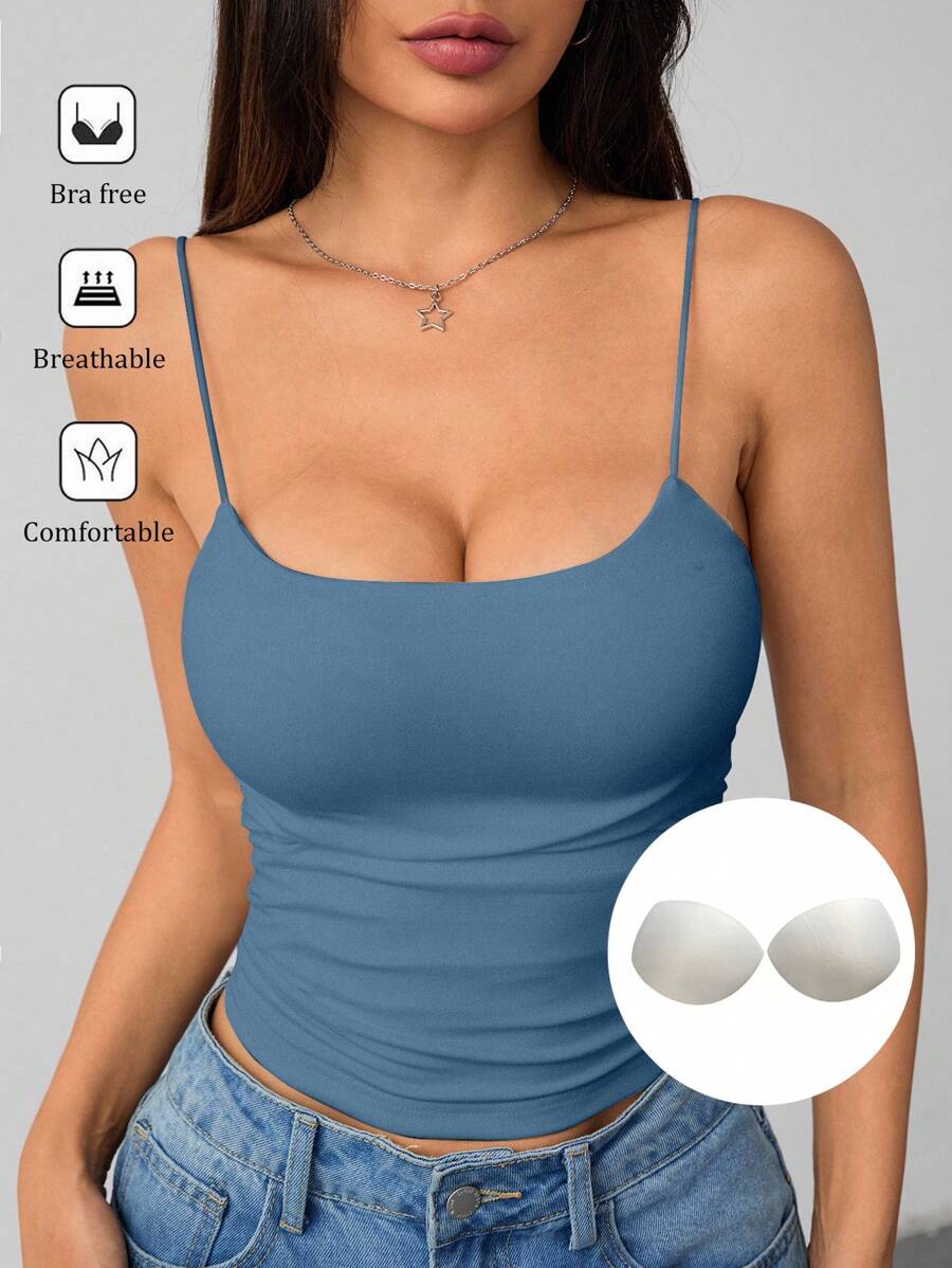 SHEIN PETITE Women's White Tight Round Neck Breathable Basic Camisole Women's Tops Braless Tank Tops - Dusty Blue - View 1