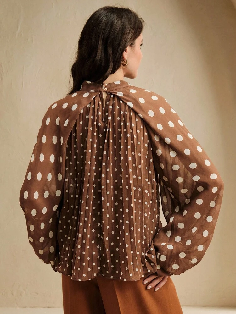 Women's Polka Dot Pleated Tie Front Long Sleeve Blouse, Elegant And Versatile For Work And Casual Wear
