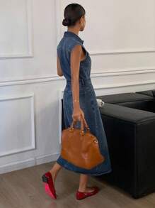 Livesso Women's Casual Denim Sleeveless Collared Dress - Blue - View 2