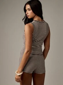 MISSGUIDED 复古条纹纽扣套装罗纹无袖夏季高腰两件套春假周末休闲度假装 - 巧克力棕 - 查看 2