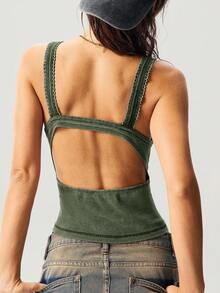 Bohemela Áo ba lỗ dáng croptop cổ chữ V dệt kim trơn màu phong cách du lịch thường ngày dành cho nữ, mùa hè - Màu xanh Ô liu - Xem 4