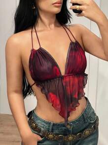 SHEIN ICON Parte superior roja de mujer con estampado de teñido anudado, con cuello halter y espalda descubierta - Rojo - Ver 9