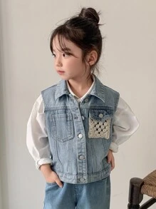 Dazy Kids Young Girls Lace Patchwork Casual Loose Denim Vest