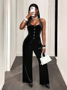 BamGleam Bộ 2 món áo yếm nhung cài nút đơn và quần thời trang dành cho nữ - màu đen - Xem 5