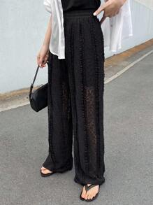 FRIFUL Women's Elastic Waist Ruffle Hem Wide Leg Loose Fashion Pants