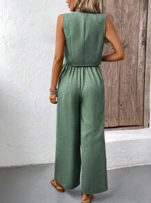 SHEIN PETITE 2 件女士休闲通勤单排扣背心和阔腿裤套装，夏季 - 綠色 - 查看 2