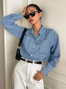 DAZY 女士翻领长袖宽松休闲牛仔衬衫、牛仔夹克、秋季女装 - 中等水洗藍 - 查看 2