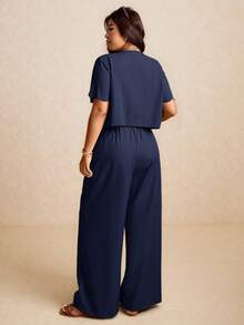 Elaquor Plus Size Vacation Casual Solid Color Shirt And Pants 2 Pieces Set,Fall Clothes For Women