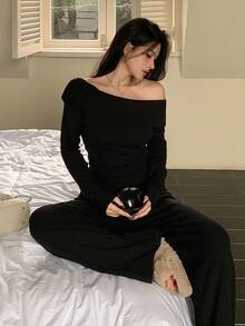 DAZY Women's Solid Color Off-Shoulder Long Sleeve Sweater And Knitted Pants Casual 2-Piece Set - Black - View 4