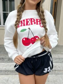 SHEIN Simple & Versatile Cherry Print Loose Fit Round Neck Thick Sweatshirt For Teen Girls, Suitable For Autumn And Winter - White - View 4