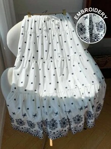 Comfortcana 女士休闲花卉刺绣半身裙，夏季波西米亚风 Fairycore 女装 - 藍白色 - 查看 1