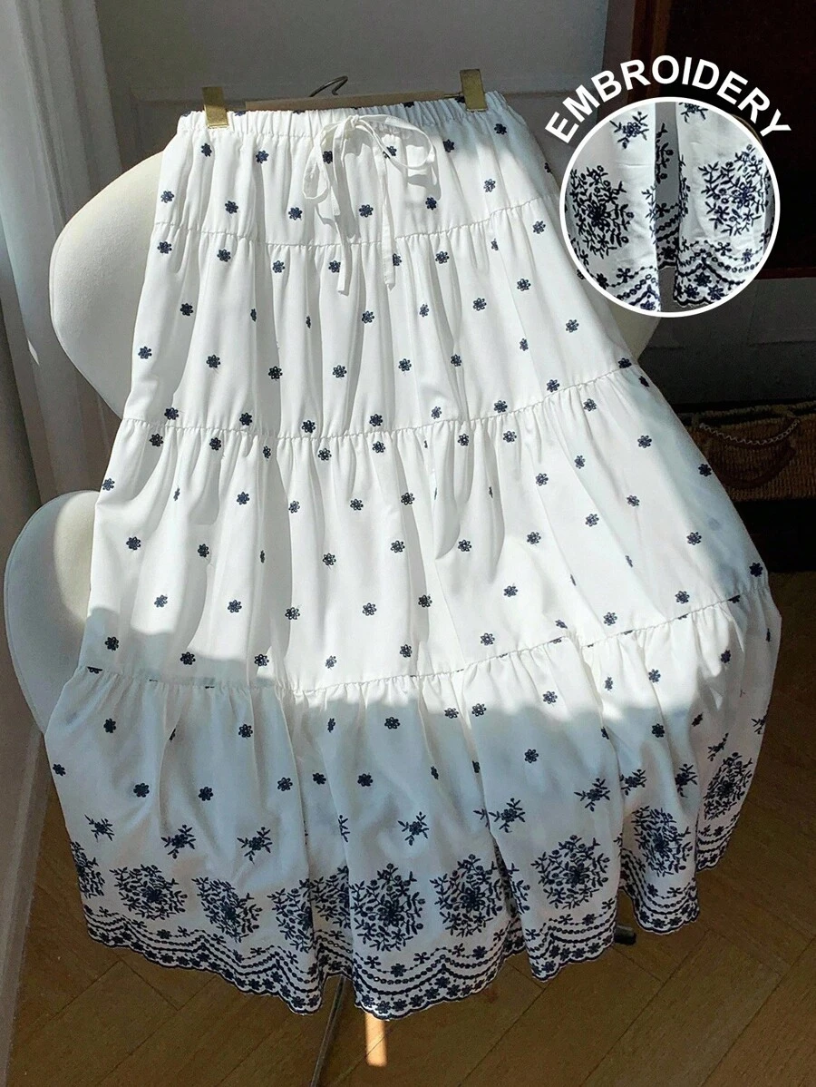 Comfortcana 女士休闲花卉刺绣半身裙，夏季波西米亚风 Fairycore 女装 - 藍白色 - 查看 1