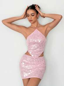 SHEIN Tall Conjunto de 2 piezas de top halter con espalda descubierta y minifalda con lentejuelas para mujer