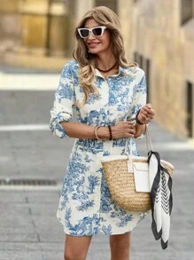 Solivie 女式休闲度假全印花前扣短款连衣裙 - 白色 - 查看 5