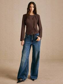 Poéselle Damska marynarka sznurowana w jednolitym kolorze, z wiązaniem z przodu, z długim rękawem, w stylu casual, z guzikami przy rękawach, asymetrycznym wiązaniem na jesień i zimę - Kawowy brązowy - Zobacz 3