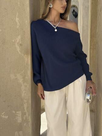 Siren Gaze Solid Color Asymmetrical Neckline Sweater,Long Sleeve Tops,Off The Shoulder Sweater In Fall/Winter