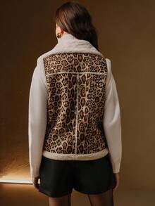 Anewsta Women's Leopard Print Composite Vest Jacket, Everyday Autumn, Fall, Winter , Work, Party, Wedding, Chic New Year - Black and White - View 10