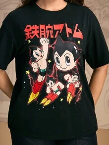 Astro Boy X SHEIN Camiseta holgada de manga caída con estampado de dibujos animados y japonés para mujer de talla grande, casual de verano - Negro - Ver 5