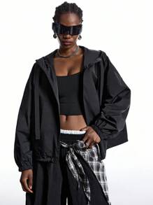 TrendSteals 2025 New Arrive Minimalism Fall Women's Casual Versatile Solid Color Hooded Jacket - Black - View 5