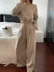 DAZY Women's Casual Off Shoulder Loose Sweatshirt And Wide-Leg Pants 2 Pieces Set, Autumn Lounge Sets For Women - Khaki - View 5