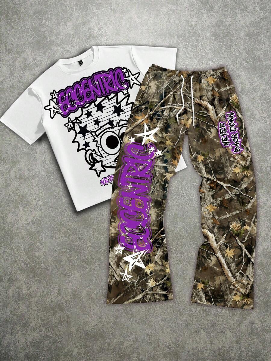 Manfinity ZONE917 男士休闲星星字母印花宽松短袖T恤和迷彩长裤套装，夏季 - 紫色 - 查看 1