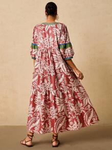 Travachic Plus Size Women's Pink & Green Tropical Plant Print Maxi Dress, V-Neck Tie Bow Long Sleeve Loose Casual Dress, Early Autumn Boho Dress Women Summer Dresses For Women With Sleeves Resort Dresses For Women Floral Print Dress French Dresses For Women Autumn Dress Going Out Dress Fall Clothes Fall Clothes Plus Size Autumn Clothes Wedding Guest Dress Elegant  Old Money Beach Outfits For Woman Resort Wear Women Ibiza Outfit