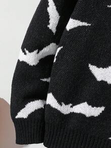 SHEIN Halloween Tween Boy Bat Allover Print Crew Neck Long Sleeve Sweater,Black And White,Autumn,Cute,Matching Family Fall Winter Kids Teen Boys Pullover - Black - View 6