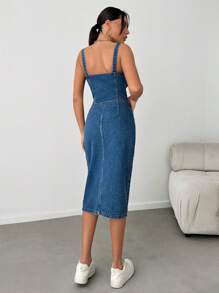 EURMUSE Slant Pocket Button Front Overall Denim Midi Dress - Medium Wash - View 2