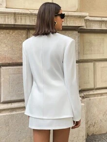 TrendSteals 女士优雅深V领收腰夹克和迷你裙套装 - 白色 - 查看 5