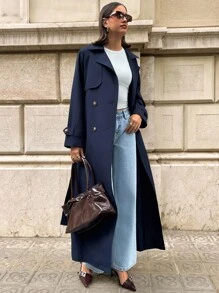 Aloruh 女士休闲纯色翻领腰带加长海军蓝秋冬风衣 - 藏蓝色 - 查看 2