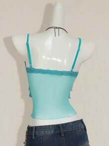 SHEIN ICON 女式性感辣妹千禧风格 Y2K 前卫时尚亮片拼接网眼蕾丝系带 V 领不对称多层下摆修身湖蓝色吊带上衣，性感上衣 - 綠色 - 查看 2