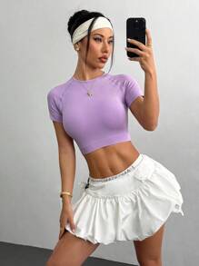 Easithlete 女士休闲纯色短袖运动T恤修身衬衫 - 紫色 - 查看 3