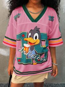 Coolane Áo thun dệt kim rộng cổ chữ V in chữ hoạt hình hở vai mùa hè cho bé gái tuổi teen - Hồng - Xem 3