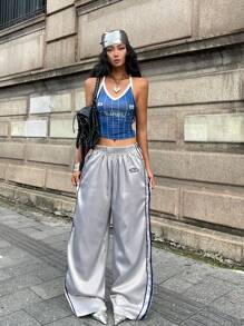 Coolane 女款春夏 Y2K 街头潮流约会夜撞色丝带条纹皮革运动长裤