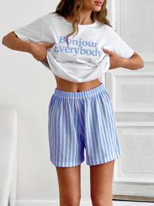 EURMUSE Cotton 2pcs Women Line Print Short And Slogan Print Top Homewear Pajama Set - Baby Blue - View 3